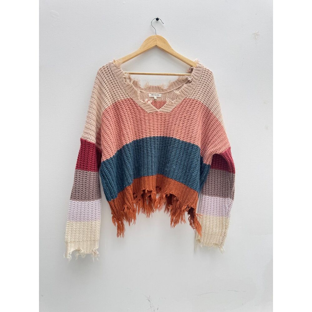 Miracle USA Distressed Colorblock Crop Sweater Boxy Knit Earth Tone M L